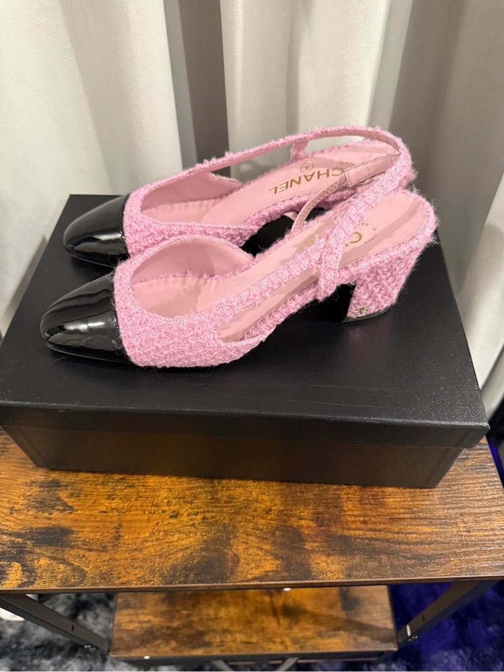 CHANEL Pink Tweed Slingback Pumps with Black Patent Cap Toe